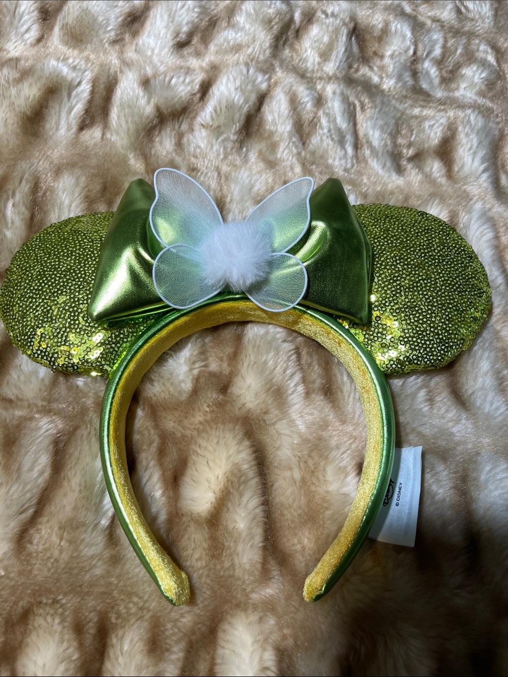 Disney Tinker Bell Green Sequin Minnie Ears Headband with White Pom Bow